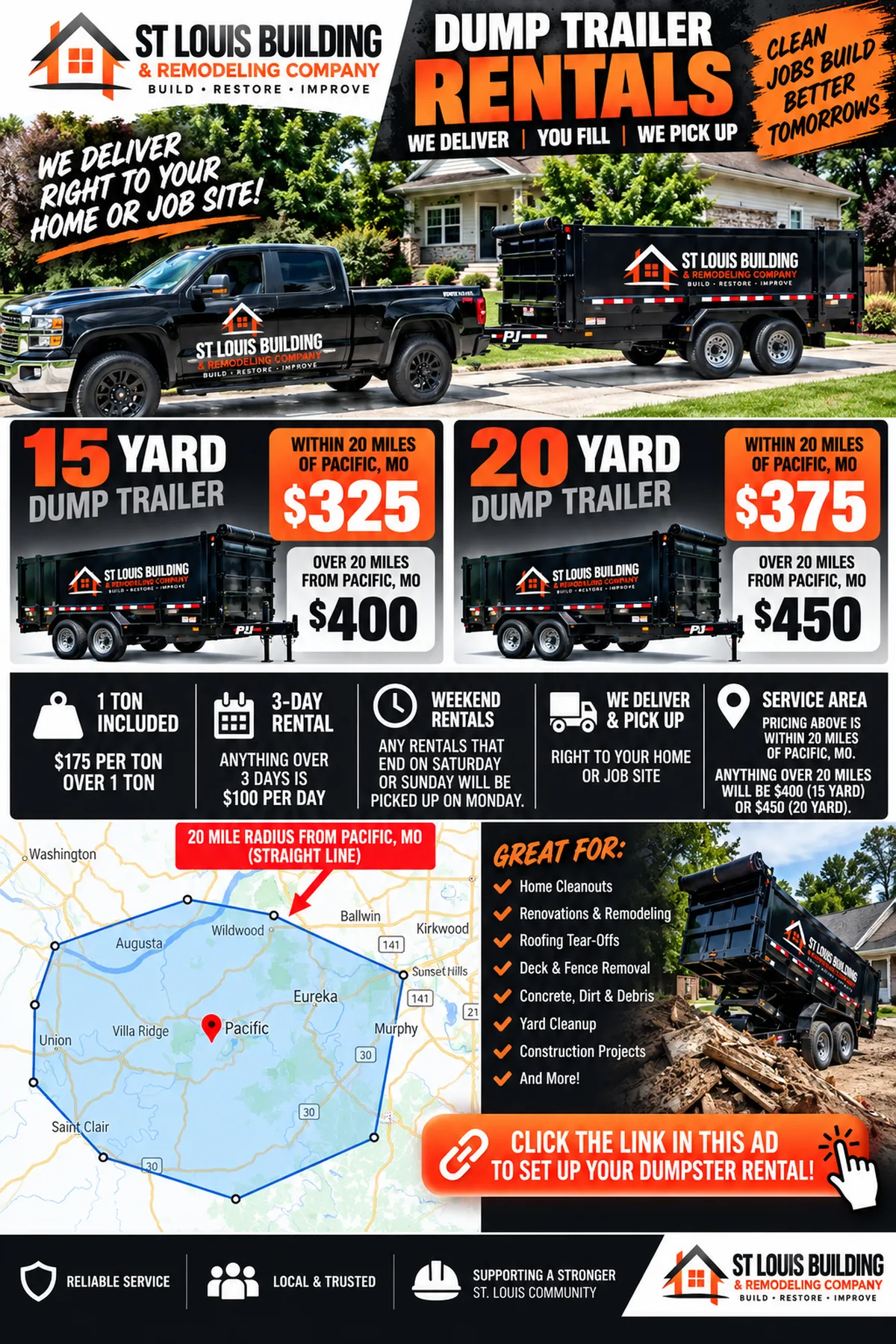 STLBRC dump trailer rental pricing, service area, and rental information